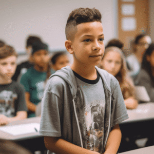 Boy speaking in front of class with confidence