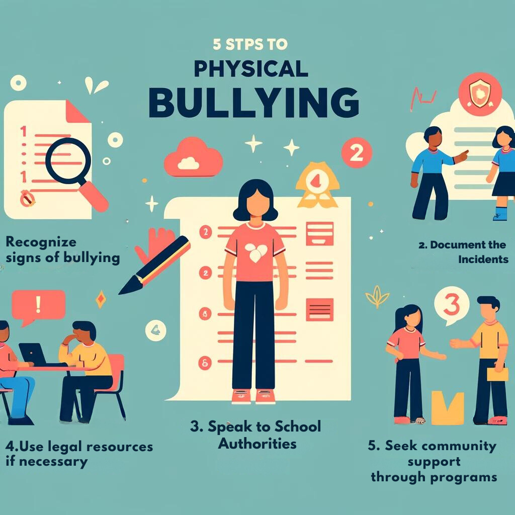 Infographic outlining steps to report physical bullying in schools.