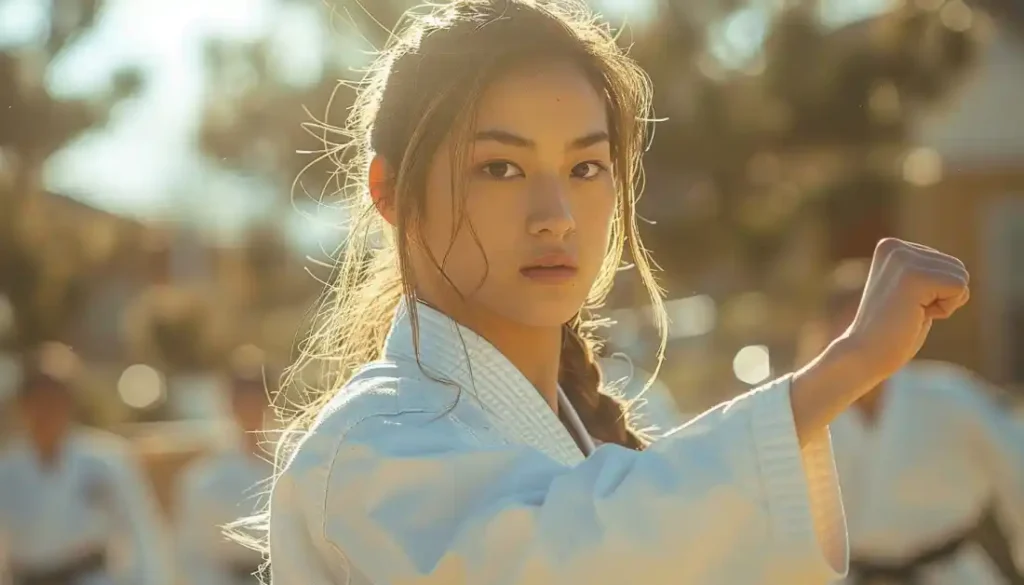 Confident child in Taekwondo stance wearing colored belt symbolizing progress in martial arts training
