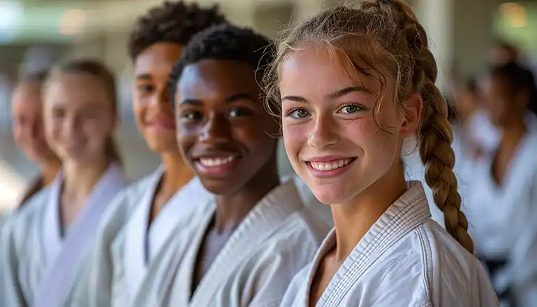 Group of smiling Taekwondo students standing together in uniforms, highlighting community and camaraderie.