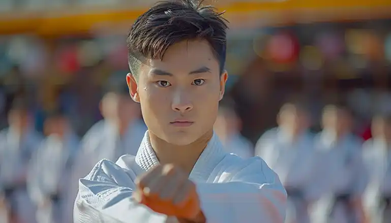 Taekwondo student executing a precise poomsae form with strong posture and focus.