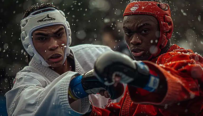Two Taekwondo practitioners engaged in a controlled sparring match, demonstrating strategic thinking and resilience.